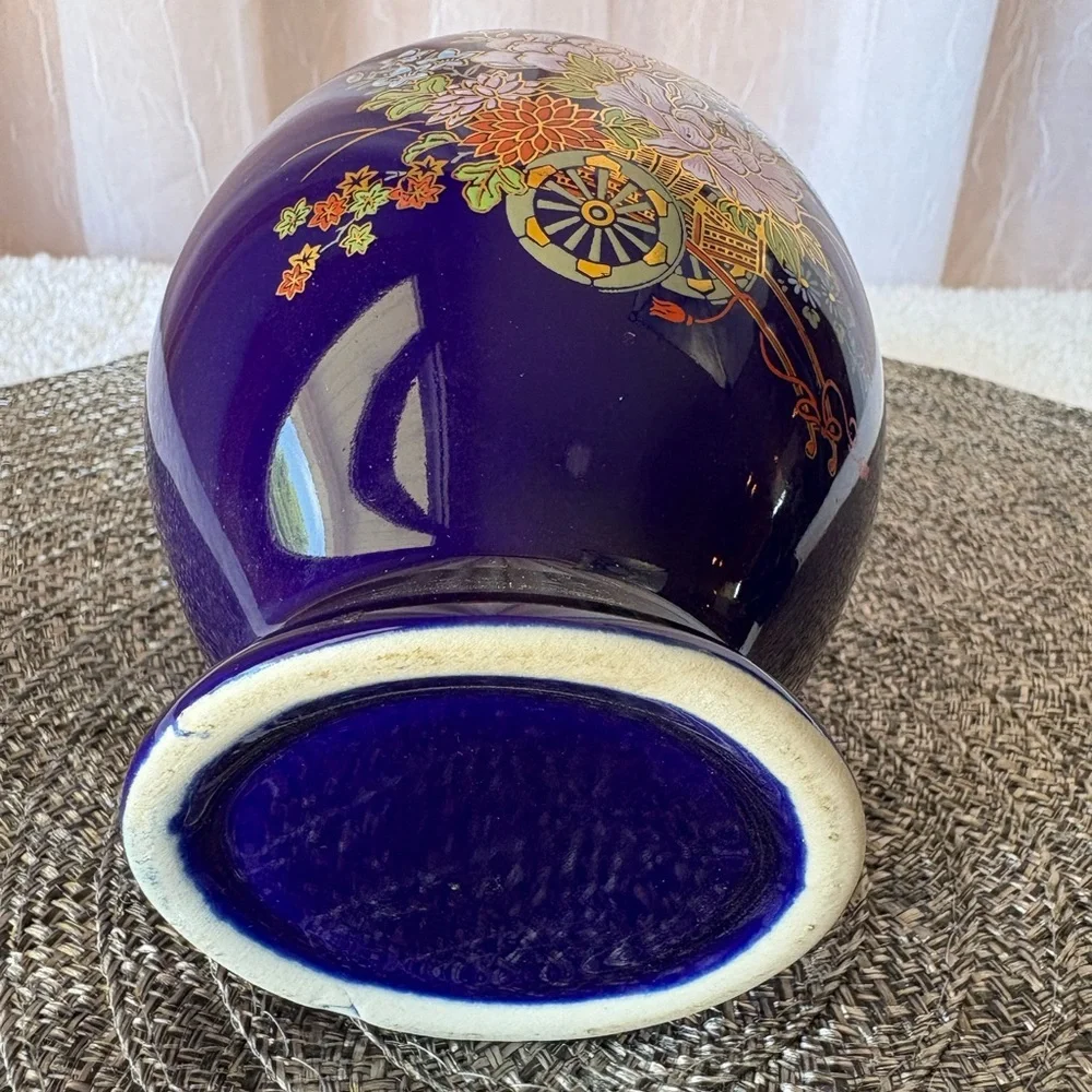 Vintage Small Japanese Cobalt Blue Porcelain Ginger Jar-Floral Design with Wagon